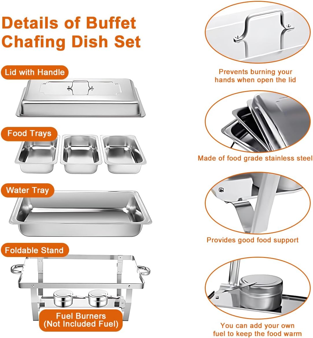chafing dish buffet set 11l catering server chafer food warmer, stainless steel buffet stove with 3pcs 1/3 size food pans lid serving dishes for restaurant party wedding hotel chef buffet heater