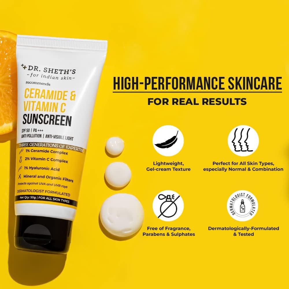 dr. sheth's sunscreen spf 50 cream with ceramide & vitamin c for oily, sensitive, dry skin | for intense hydration | non greasy, quick absorbing | zero white cast | pa+++ | for women & men | 50g