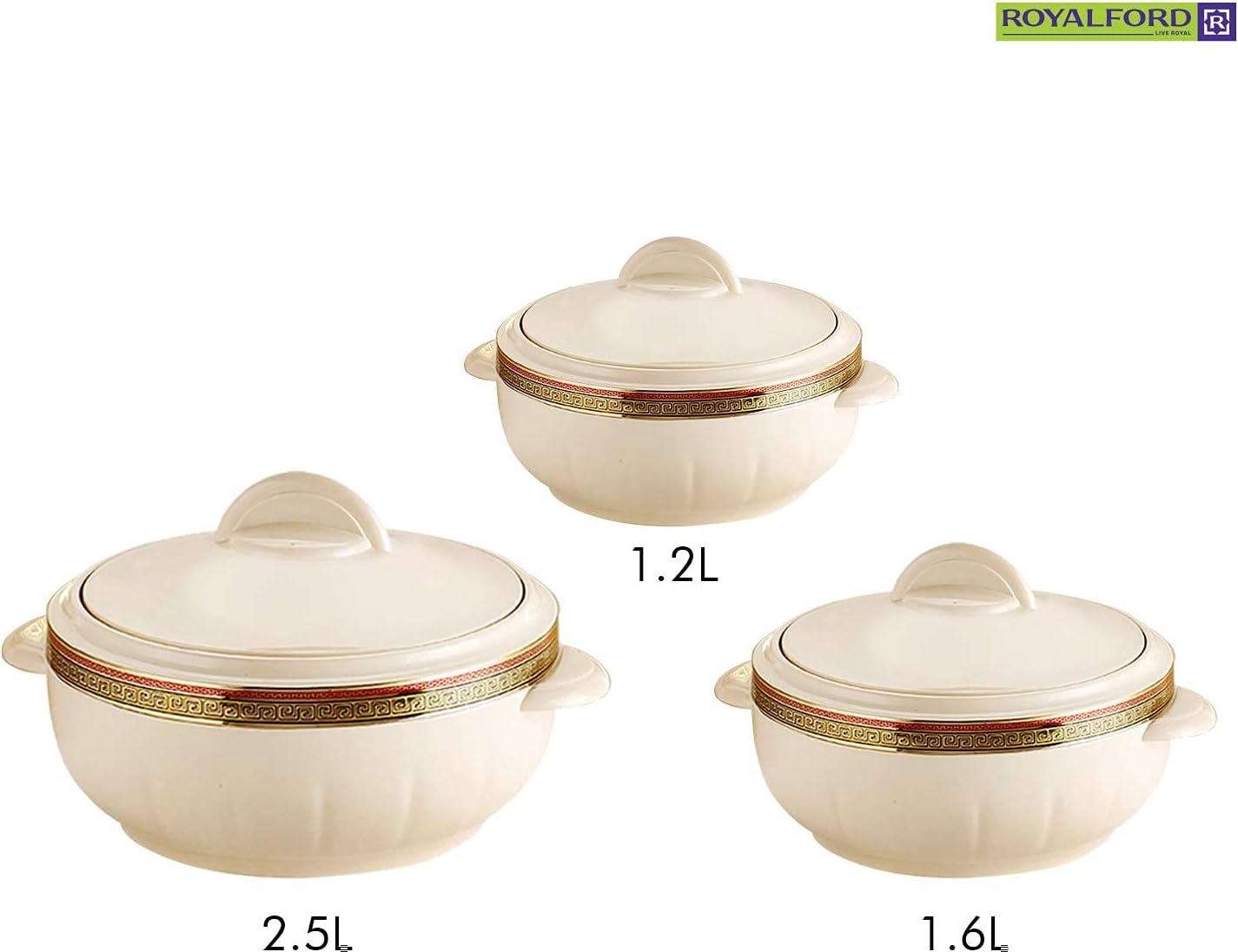 royalford casserole 3 pieces set, attractive insulated food containers that are dishwasher safe with comfortable handles