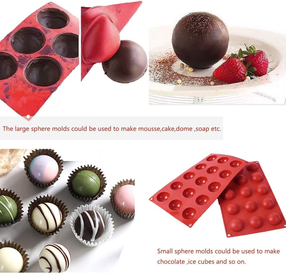 ausplua 5pack sphere silicone molds, silicon dome mold semi sphere baking mould for making candy, chocolate,cake,jelly,variety sizes（brick red)