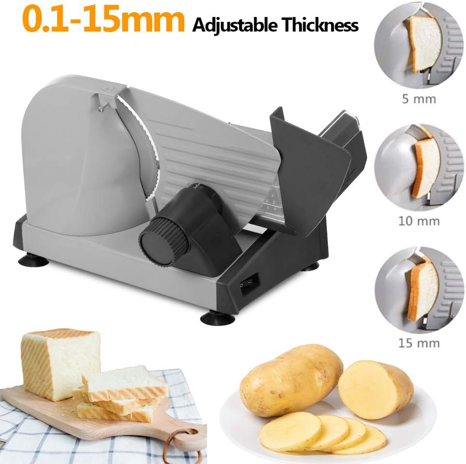 ouna kitchen slicer,ka18 food slicer electric meat slicer with 7.5in removable stainless steel blade pusher cheese fruit vegetable bread cutter adjustable knob for thickness food