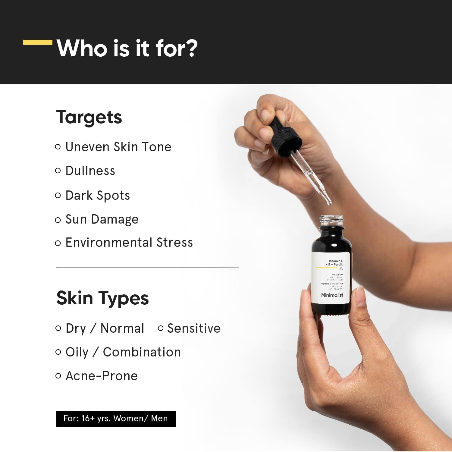 minimalist 16% vitamin c face serum (advanced) with vit e, & ferulic acid for glowing skin | advanced brightening formula with power of vit c & e, ferulic acid & fullerenes