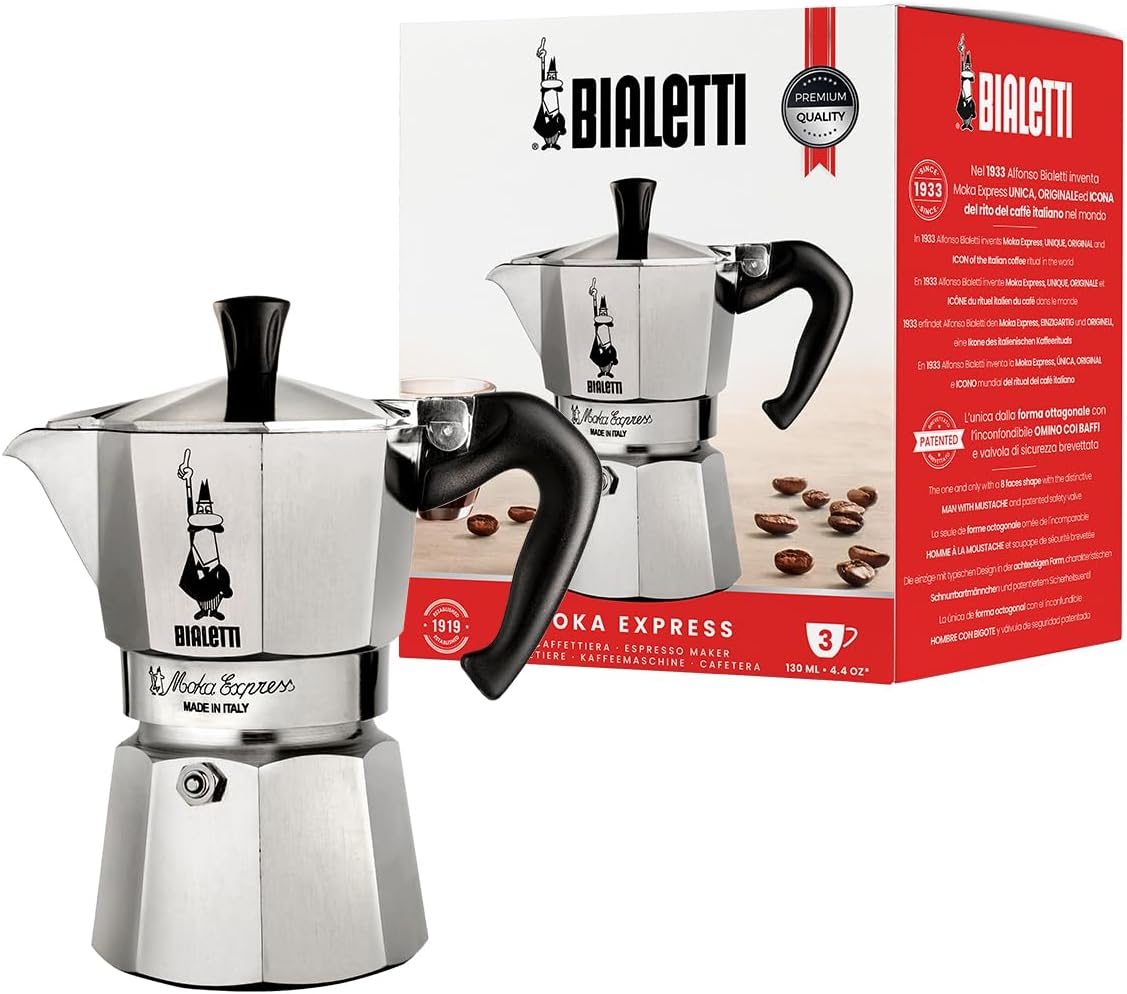 bialetti coffee maker, silver, 3 cup, 6799