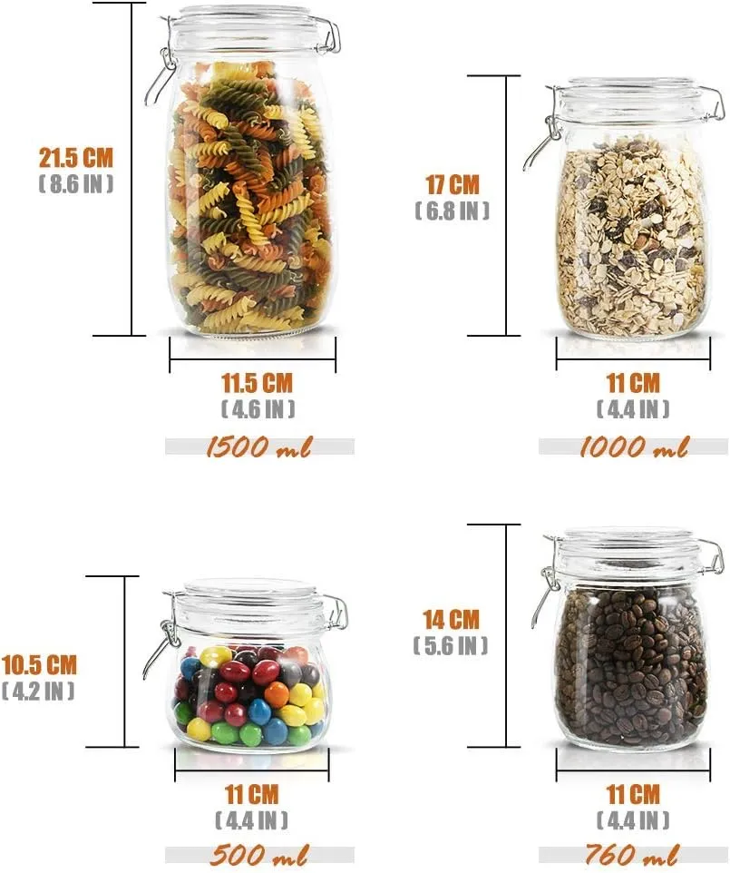 Masthome Glass Jar with Lids 4 PCS Kitchen Container Set Airtight Glass Storage Preserving Jars Send 15pcs Food Storage Bags