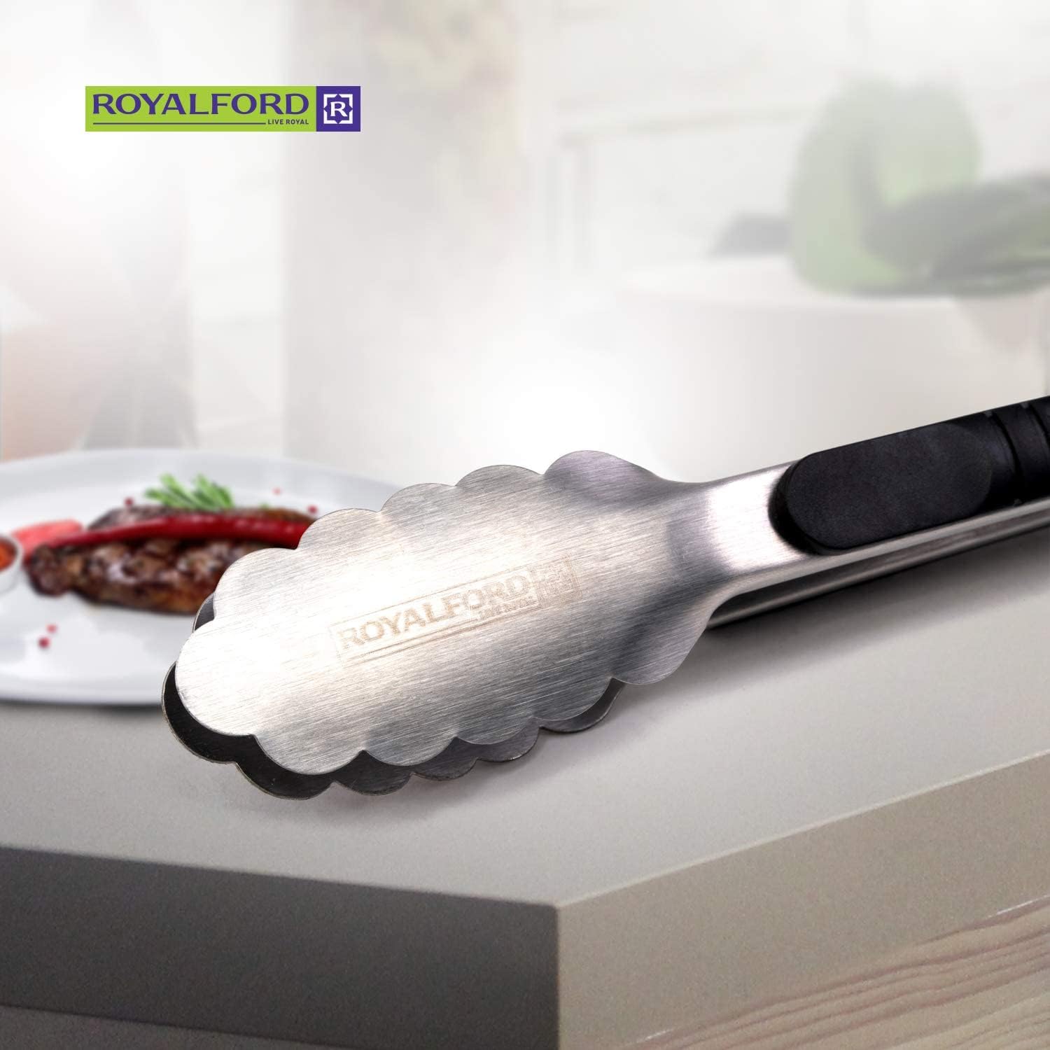 royalford kitchen tongs | 9inch non slip with soft grip side panels & stainless steel handle | heat resistant, food grade | premium utensil for cooking, serving, barbecue, buffet, salad & ice