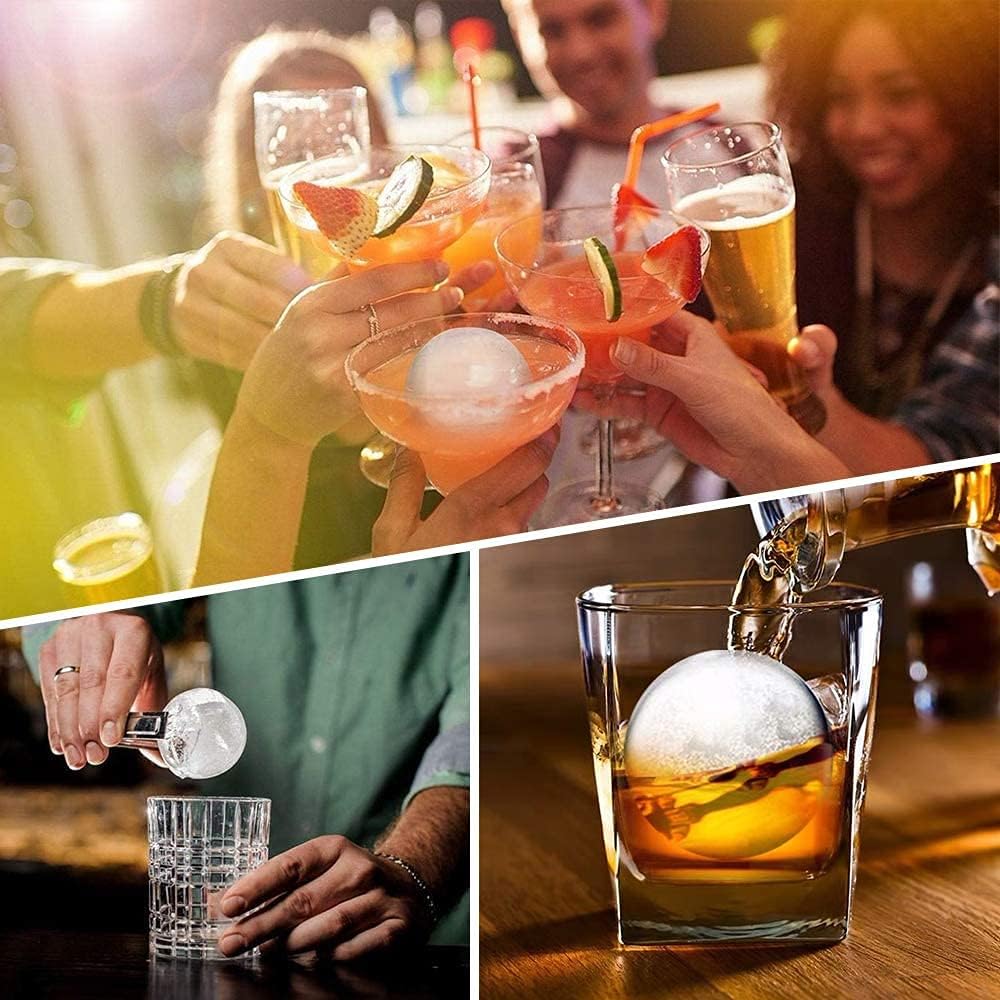 seeway large ice cube trays for whiskey, 2.5" flexible 4 ice balls maker with lids & bonus funnel, bpa free round silicone ice cube molds, reusable sphere ice tray for cocktail, bourbon, scotch