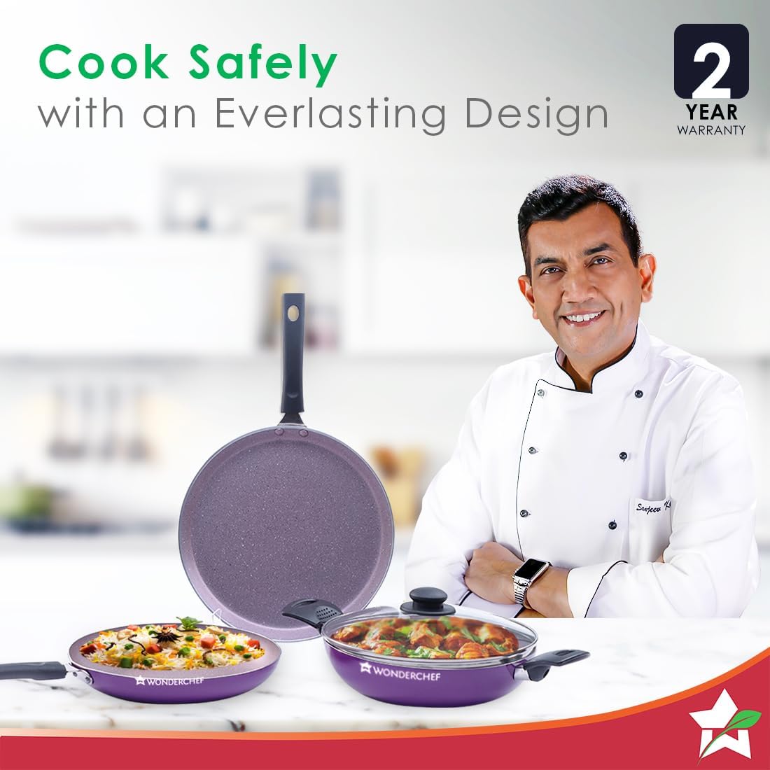 wonderchef valencia non stick cookware 4 piece set, kadhai with lid, fry pan, dosa tawa, cool touch bakelite handles, pure grade aluminium, pfoa free 2 yrs warranty, purple