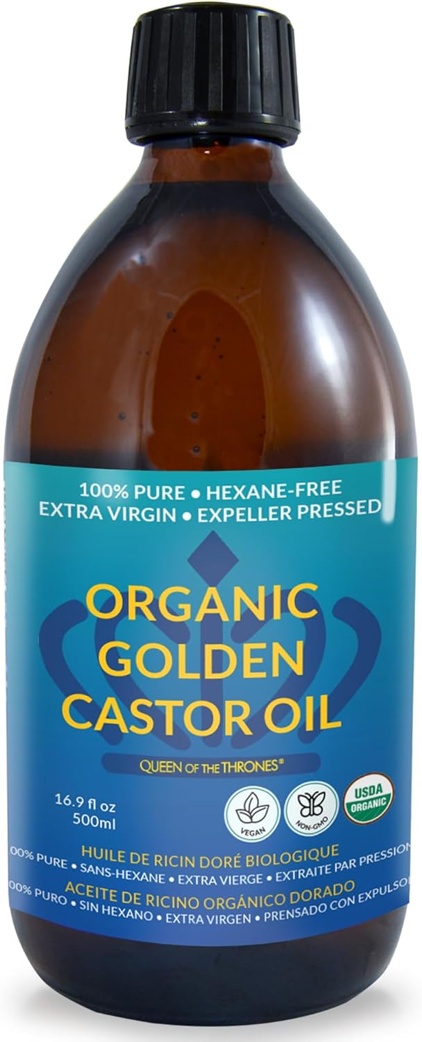 queen of the thrones organic golden castor oil 500ml (16.91 fl oz (pack of 1)) | 100% pure & expeller pressed for hair, skin & digestion | hexane free | usda certified