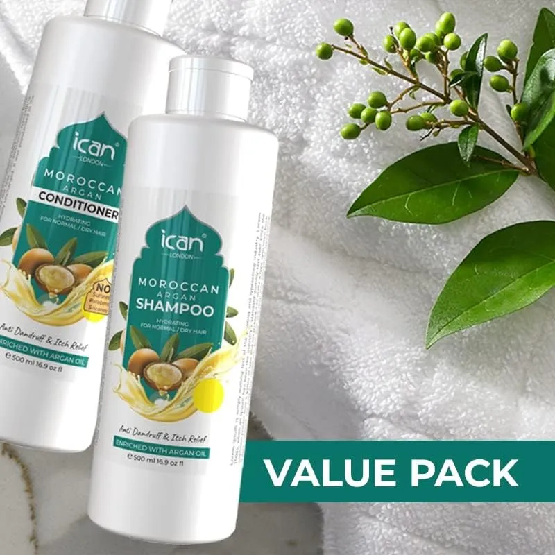 ican London Moroccan Argan Oil Enriched Anti-Dandruff, Itch Relief Formula Shampoo & Conditioner DUO PACK 500ml Each