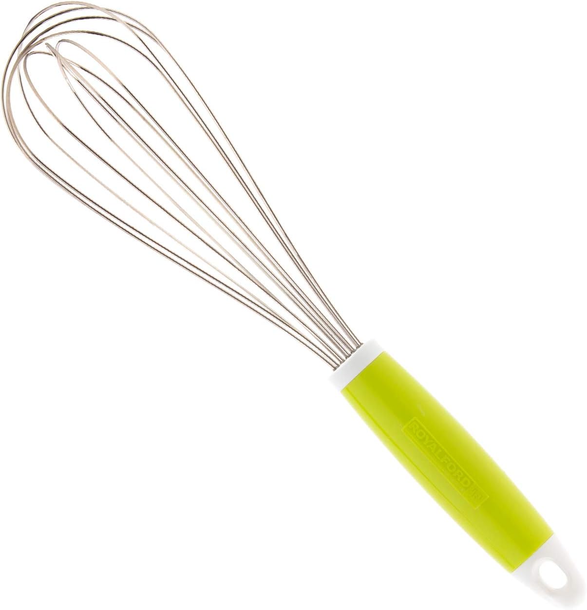 royalford stainless steel balloon whisk with plastic handle egg frother, milk beater, kitchen utensil for blending whisking beating mixing whipping & stirring 10 inch.