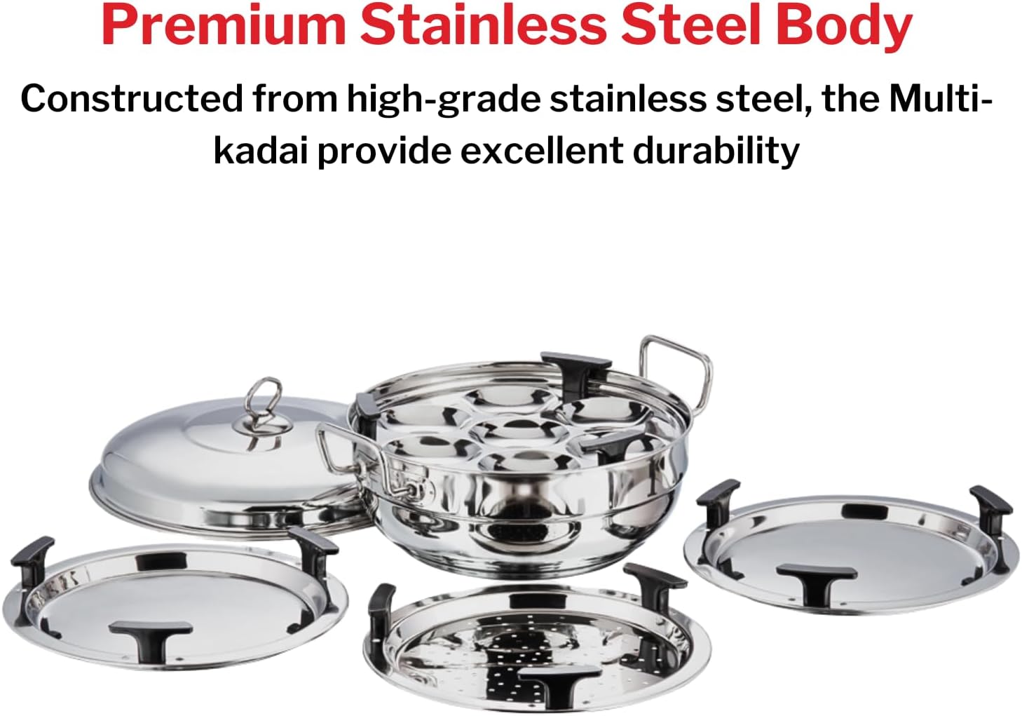 vinod stainless steel multi kadai with 5 plates 26cm | 2 idli, 2 dhokla/momos and 1 patra plates|nduction & gas stove friendly, sturdy handle,sas bottom