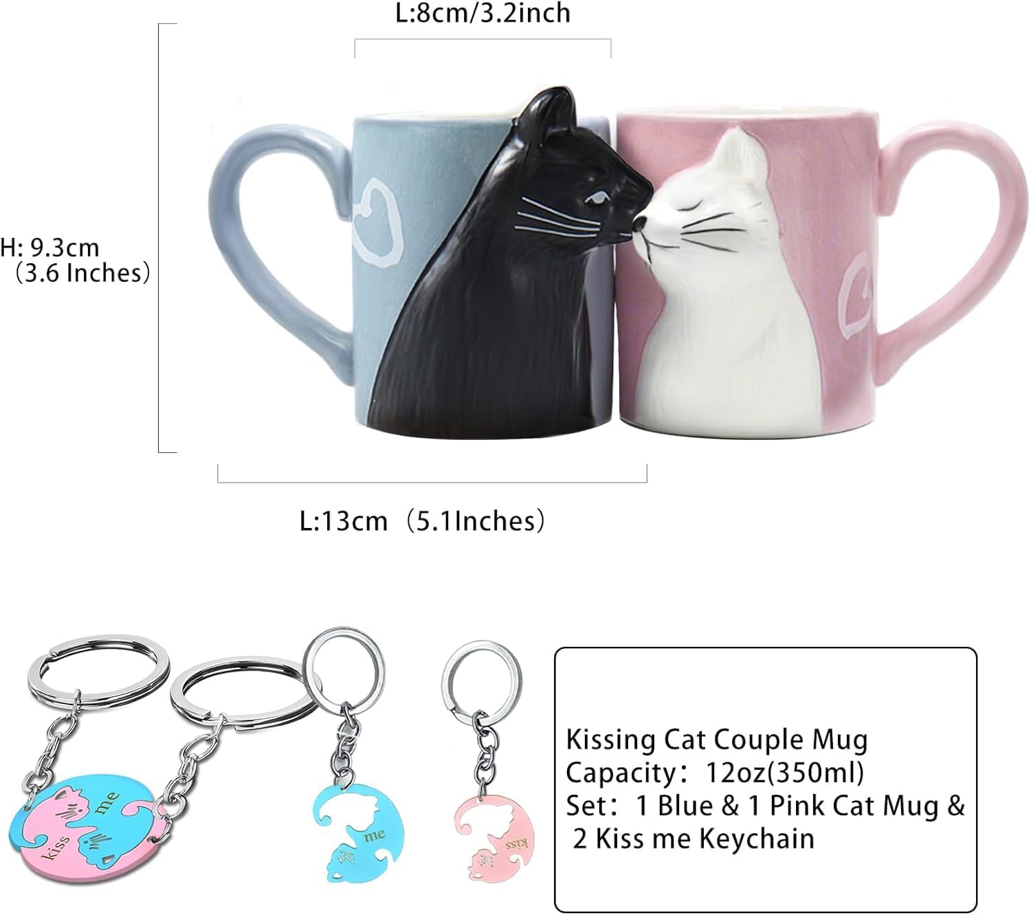bignosedeer kiss cat coffee couple mug set, unique funny tea ceramic cup set for bride and groom, matching gift for birthday, anniversary, wedding, engagement valentines day girlfriend wife (cat mug)