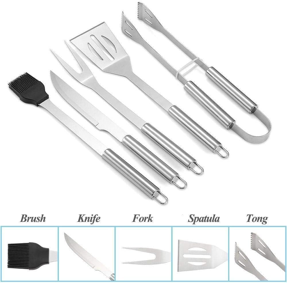 stainless steel bbq grill tool set with knife brush fork spatula and tong with oxford bag (5 pieces)