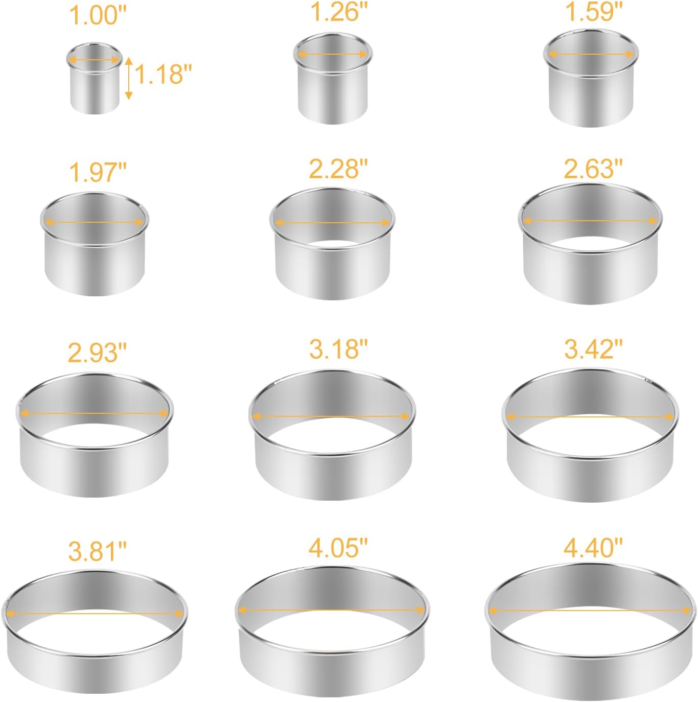 dacono round cookie biscuit cutter set, 12 graduated circle pastry cutters, heavy duty commercial grade 18/8 304 stainless steel cookie and dough cutters, mk05 13
