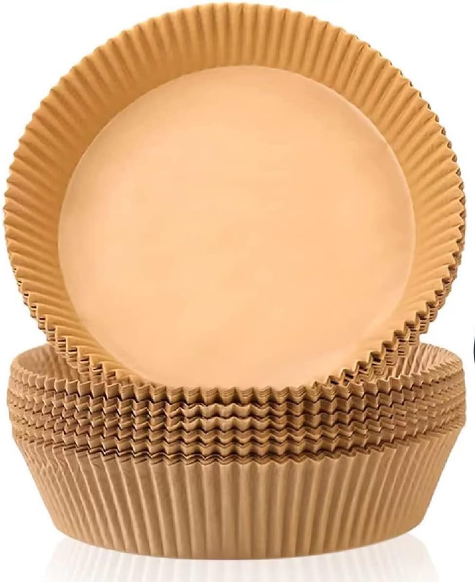 sky touch 100pcs air fryer disposable paper，non stick parchment paper for air fryer liners，round food grade baking paper for air fryer，16cm/6.3inch，brown