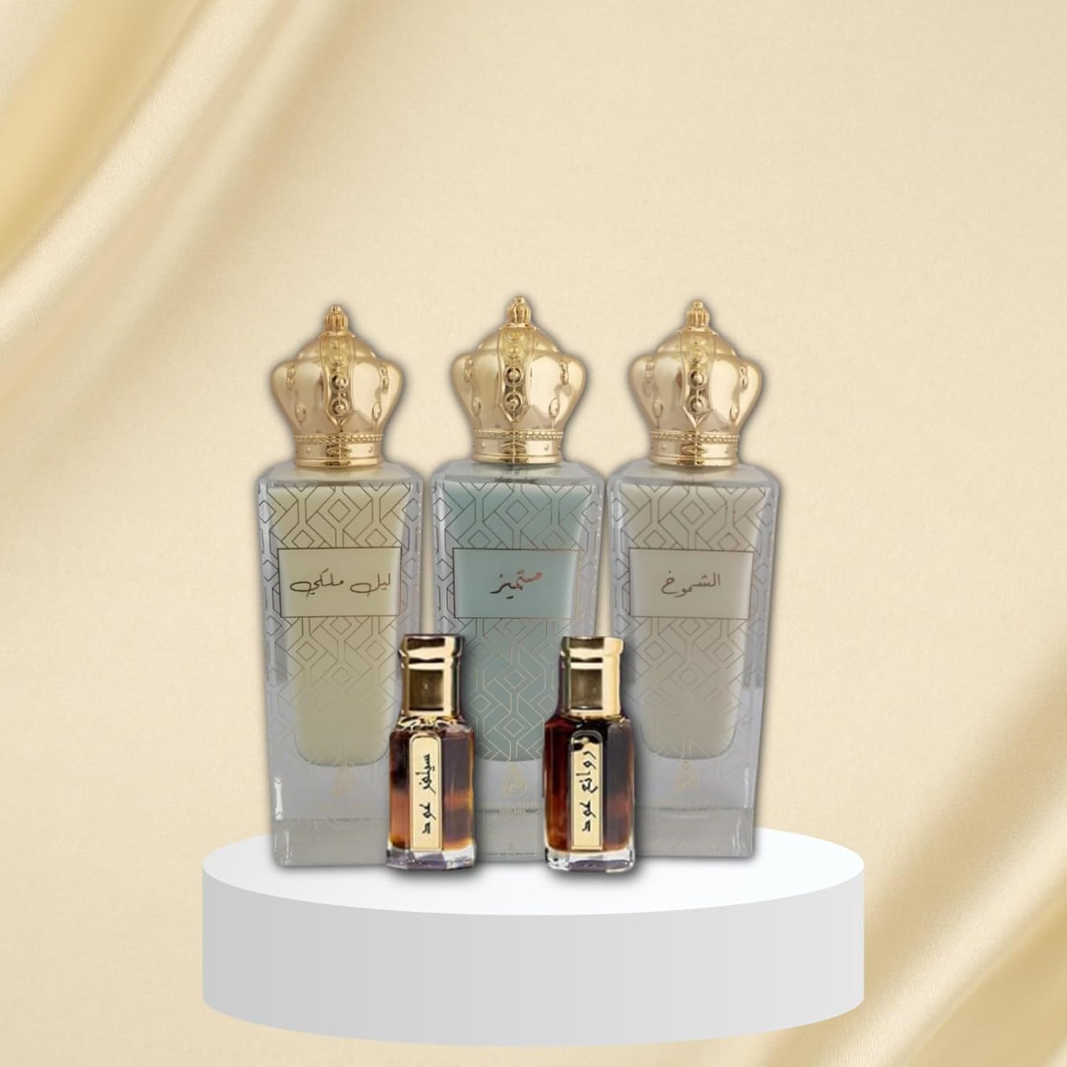 aabak al sahraa عبق الصحراء non coholic perfumes and tola set of 5 leil malaki, mutamayez, shoumoukh, silver oud tola and rawae' oud tola luxury fragrances for both men and women