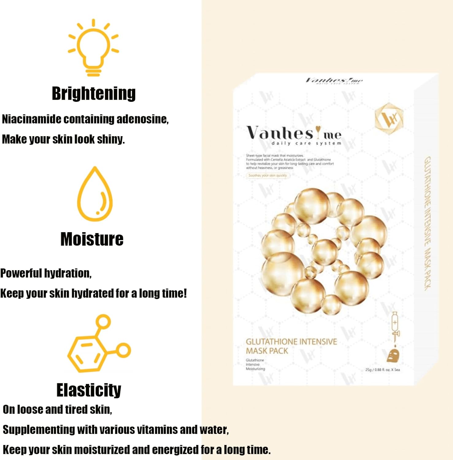 herose glutathione intensive mask pack, soothing hydra mask pack, healthy skin korean skincare, face pack, birthday party gifts women, girls skincare, moisturizing(5 pcs/box)(yellow)