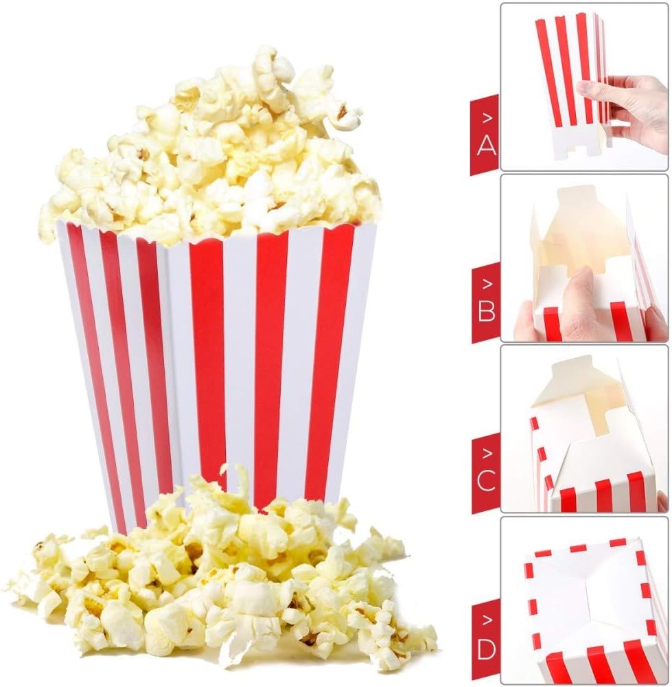 xiehe red striped popcorn boxes carnival parties mini paper popcorn and candy containers, party supplies for movie nights (pack 24)