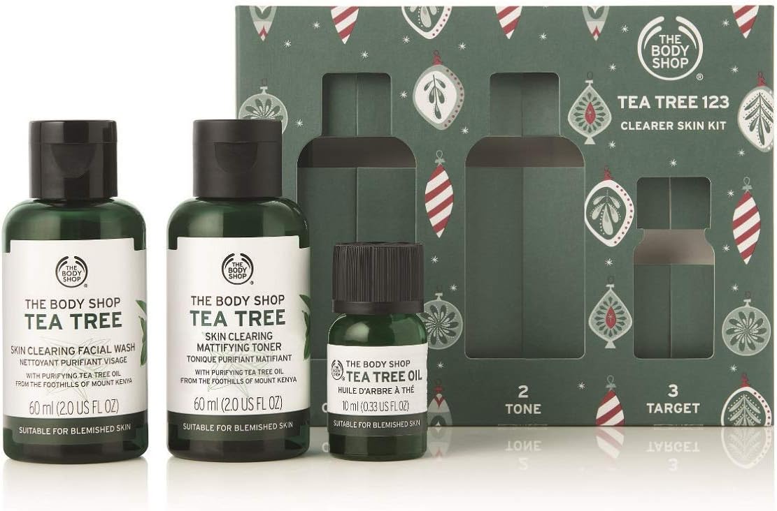 the body shop tea tree gift set, simple 3 step routine with tea tree face wash, toner, and oil