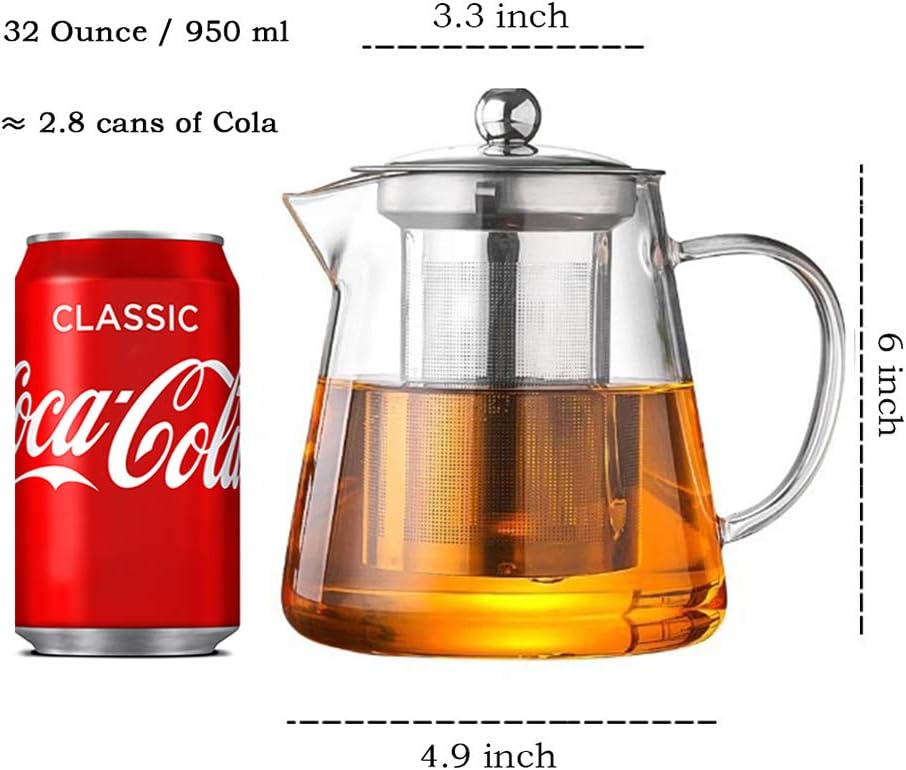 jtd 1pcs glass teapot with infuser tea pot 32oz/43oz tea kettle stovetop safe blooming and loose leaf tea maker set (32oz/ 950ml)