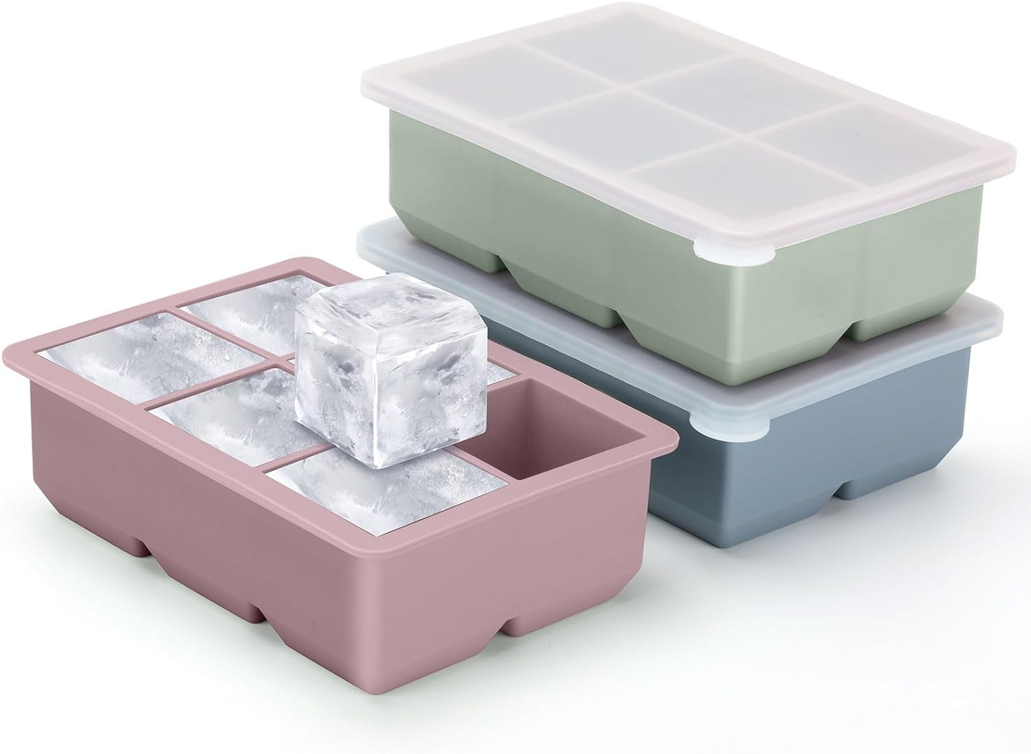 excnorm silicone ice cube trays 3 pack large size silicone ice cube molds with leak proof removable lid square ice cube tray and bpa free for cocktail,whiskey, stackable flexible ice
