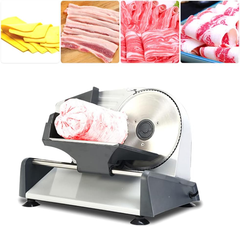ouna kitchen slicer,ka18 food slicer electric meat slicer with 7.5in removable stainless steel blade pusher cheese fruit vegetable bread cutter adjustable knob for thickness food