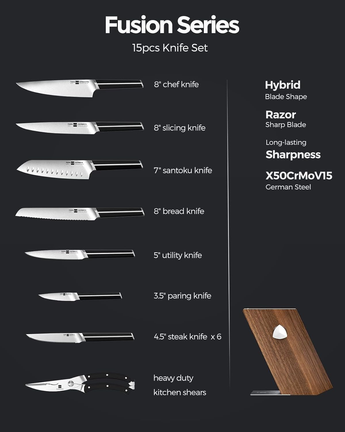 hanmaster kitchen knife set, 15 pcs knife sets for kitchen with block, x50crmov15 high carbon german steel knife set with 6x serrated steak knife, knife sharpeners, kitchen scissors, heavy.
