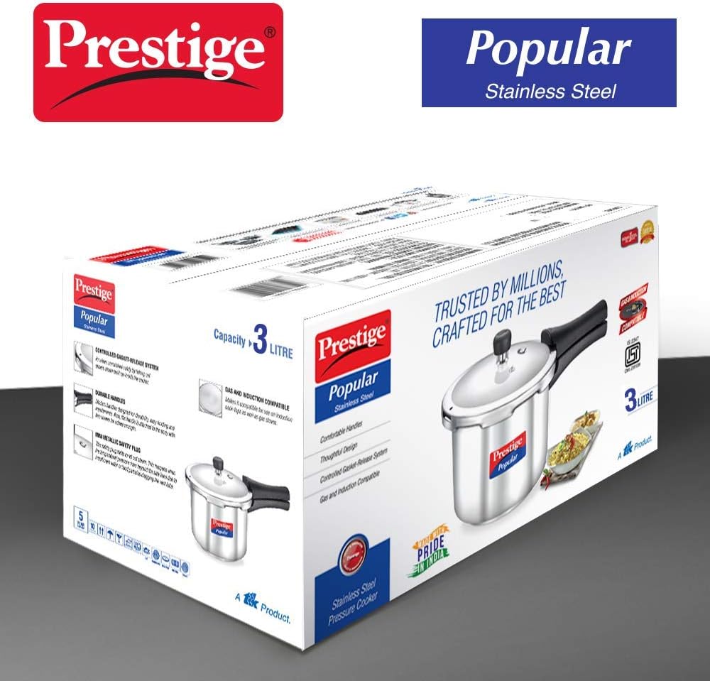 prestige popular stainless steel pressure cooker 3 ltr | silver