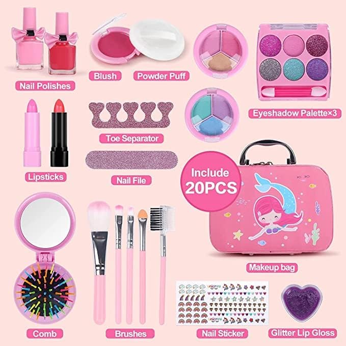 ledin kids children's makeup set,girls makeup kit for girls princess make up box nontoxic cosmetics kit toys pretend play makeup beauty toys gift birthday gift (style d)
