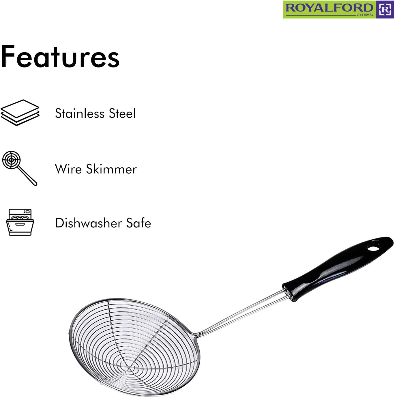 royalford stainless steel skimmer stainless steel wire skimmer spoon with handle for kitchen frying food, pasta, spaghetti, noodle, fries – hot pot net drainer/strainer ladle strimmer – 16.5cm