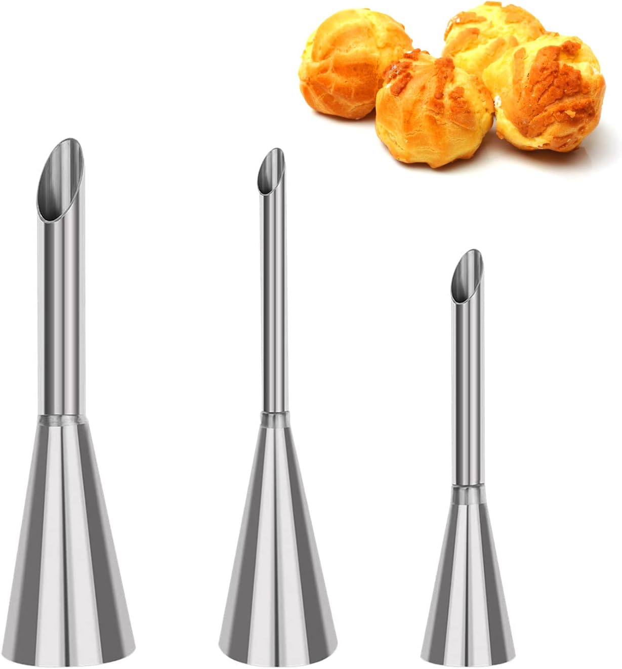 suuker cream piping tips, stainless steel long cream puff nozzle decor small pastry icing piping decorating tools (3 pieces)