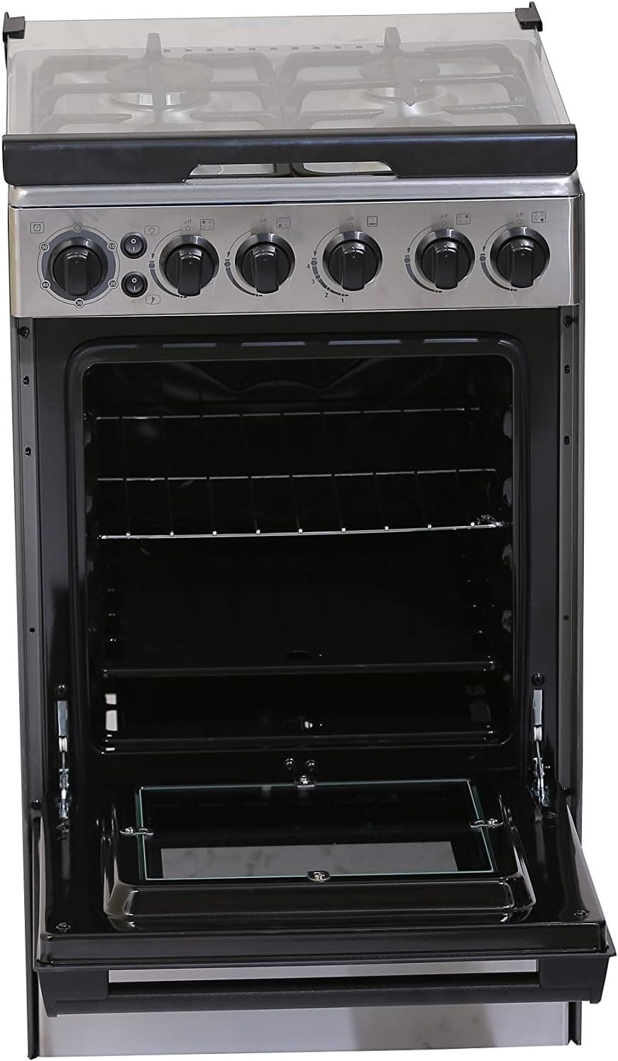 midea 50x55cm freestanding cooker, full gas cooking range with 4 burners, stainless steel, automatic ignition & full safety, cast iron pan support, mechanical timer, heat resistant knobs, bme55007ffd