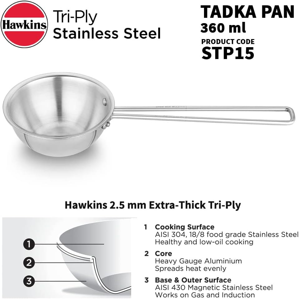 hawkins 1.5 cup tadka pan, 360 ml triply stainless steel pan, induction pan, silver (stp15)