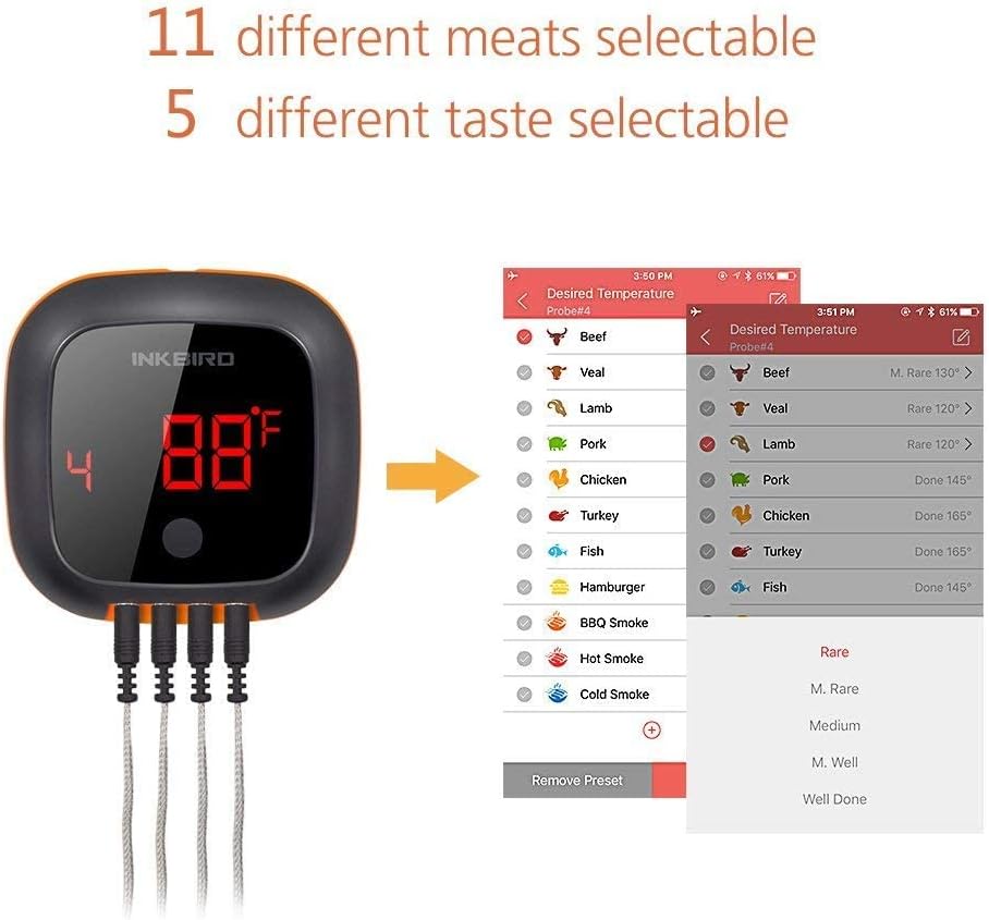 inkbird meat probe ibt 4xs bluetooth wireless grill bbq digital thermometer for grilling weber barbecue cooking kitchen food thermometers for smoker oven candy (ibt 4xs+ 4 probes)