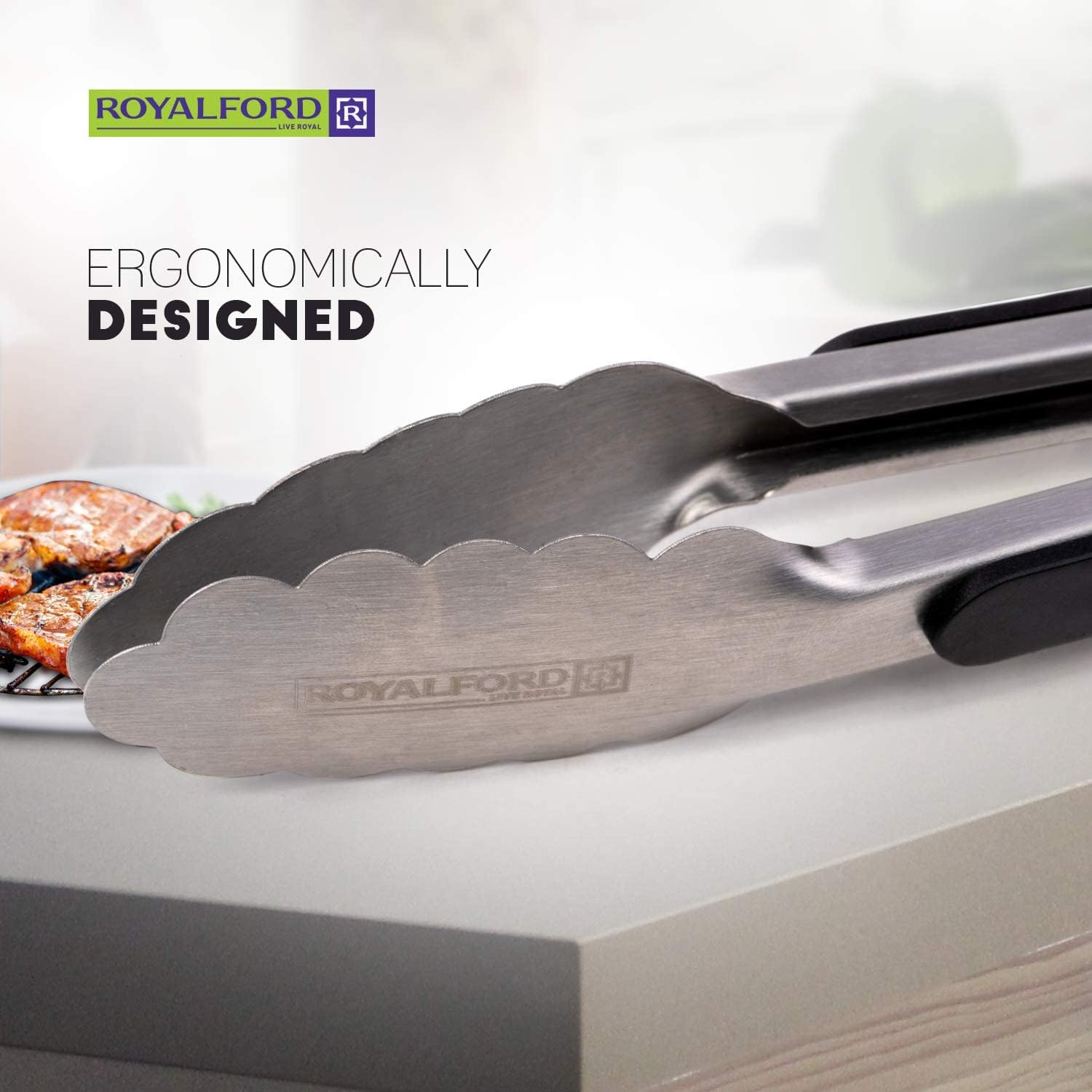 royalford kitchen tongs | 9inch non slip with soft grip side panels & stainless steel handle | heat resistant, food grade | premium utensil for cooking, serving, barbecue, buffet, salad & ice