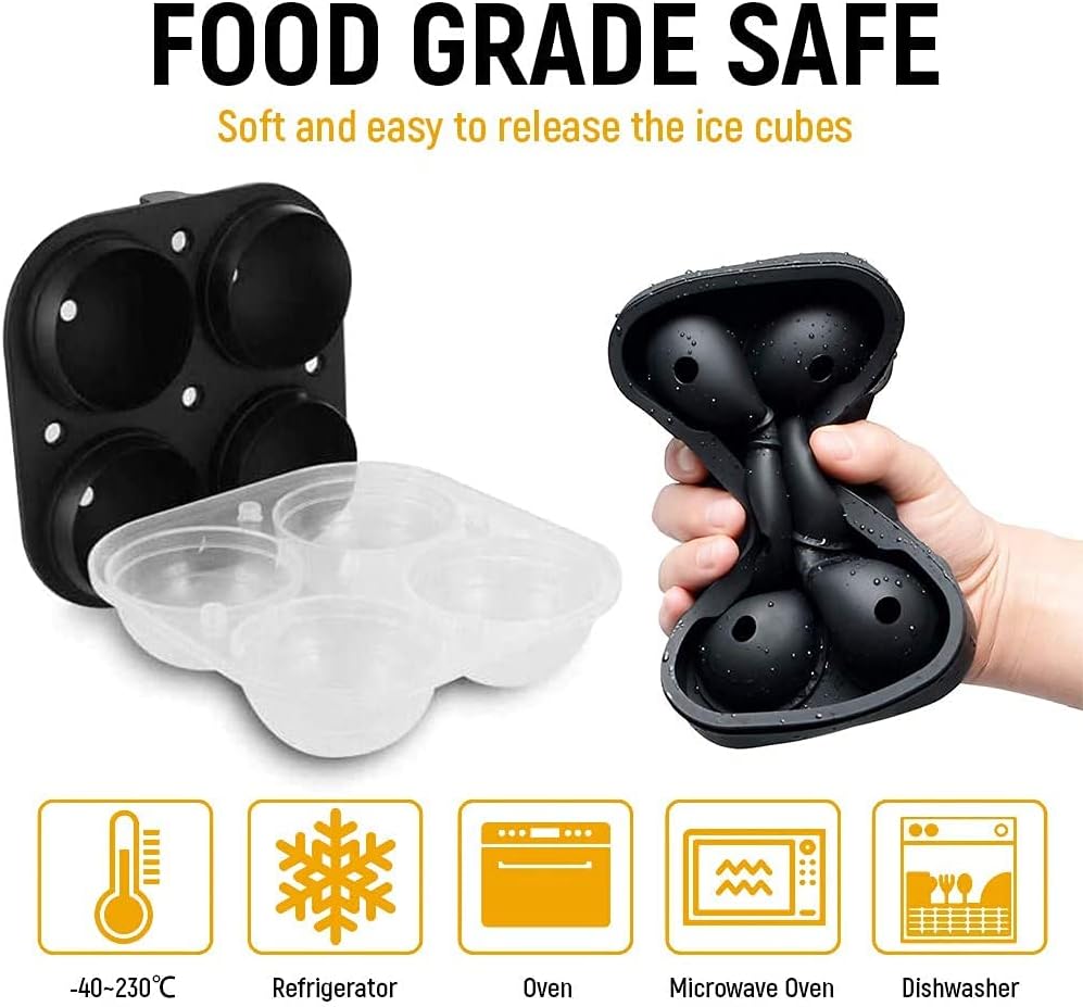 seeway large ice cube trays for whiskey, 2.5" flexible 4 ice balls maker with lids & bonus funnel, bpa free round silicone ice cube molds, reusable sphere ice tray for cocktail, bourbon, scotch