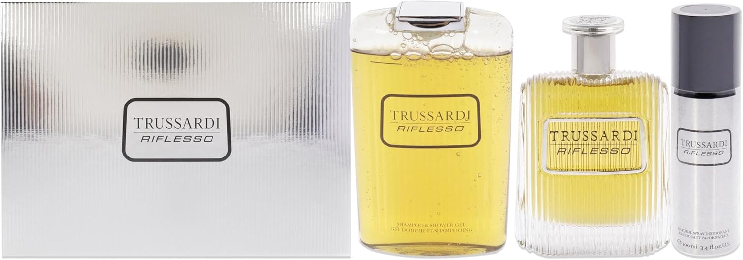 trussardi riflesso by trussardi for men 3 pc gift set 3.4oz edt spray, 6.8oz shampoo and shower gel, 3.4oz deodorant spray