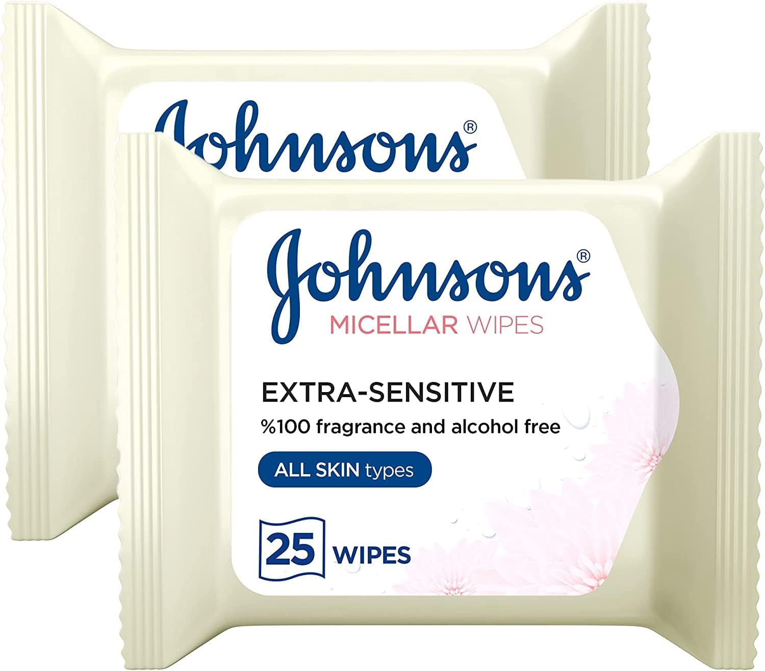 johnson’s micellar wipes extra sensitive, pack of 2x25 wipes, for all skin types, gentle and effective makeup removing wipes, suitable for removing makeup around sensitive eye area, alcohol free