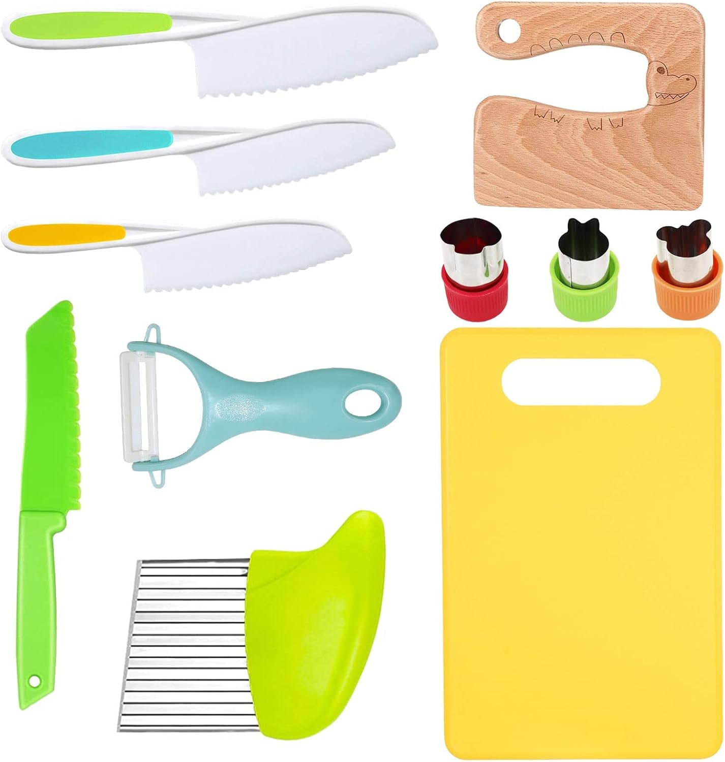 kastwave wooden kids kitchen knife, kids knife set include wood kids safe knife, serrated edges plastic toddler knife, crinkle cutter, sandwich cutter, y peeler, cutting board (crocodile, 11 pieces)