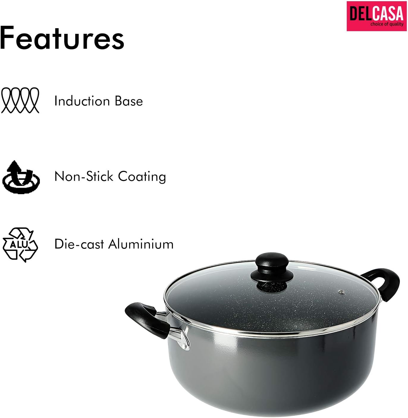 delcasa dc1572 24cm non stick casserole stock pot with glass lid aluminium cookware pan induction safe saucepan with durable non stick granite coating stock pot with glass lid, multi colour