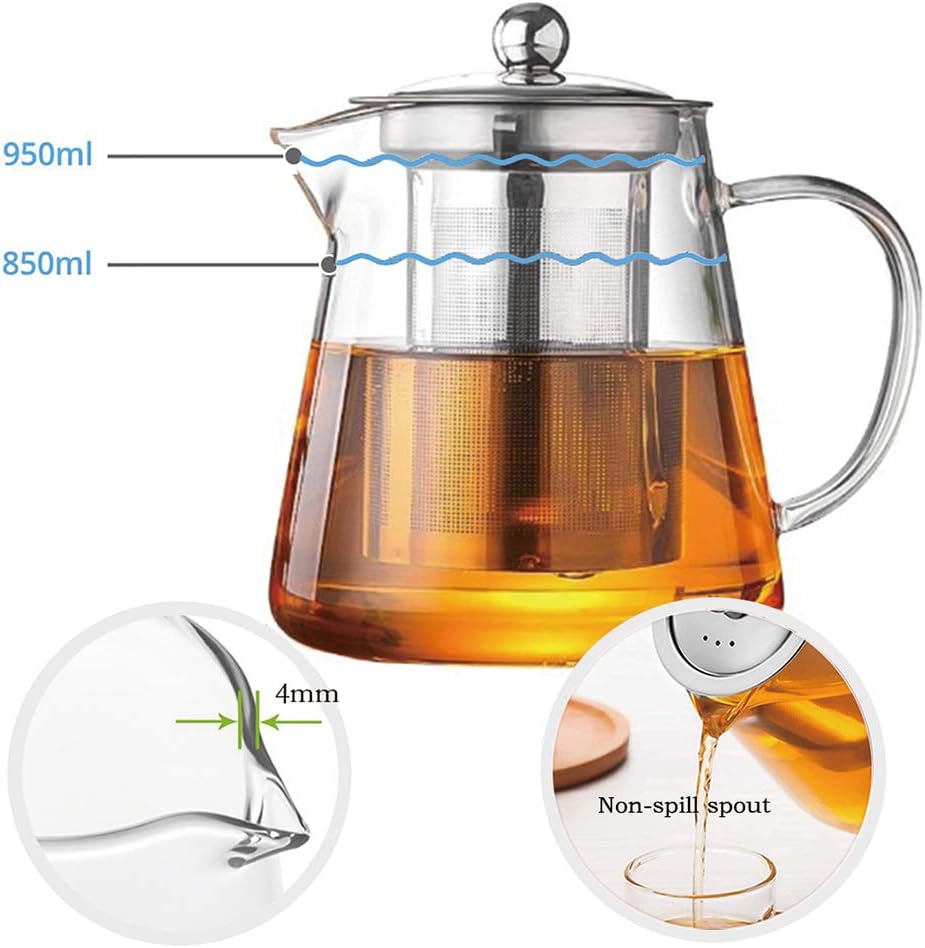 jtd 1pcs glass teapot with infuser tea pot 32oz/43oz tea kettle stovetop safe blooming and loose leaf tea maker set (32oz/ 950ml)