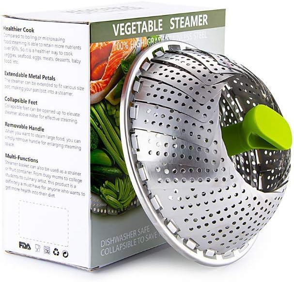 yunfeng steamer basket stainless steel vegetable steamer basket folding steamer insert for veggie fish seafood cooking for herbs, chicken, meat & vegetables with oven mitts (9 in)