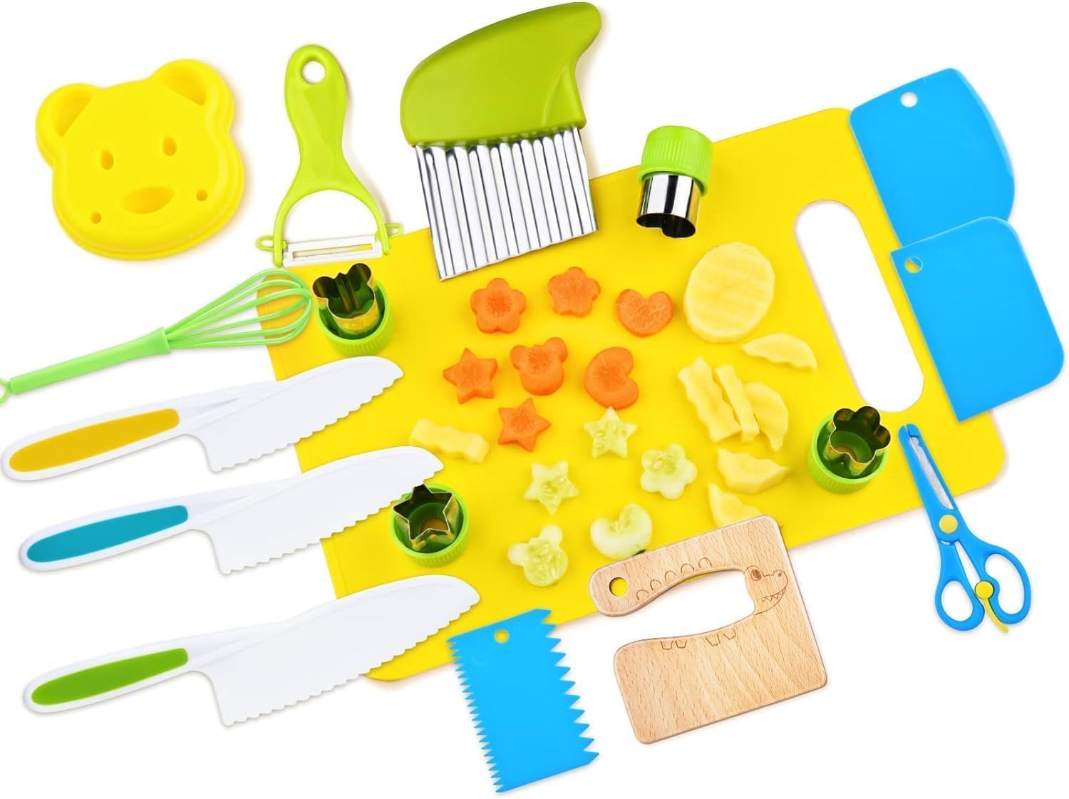 17 pieces montessori kitchen tools for toddlers kids cooking sets real toddler safe knives set for real cooking with plastic toddler safe knives crinkle cutter kids cutting board