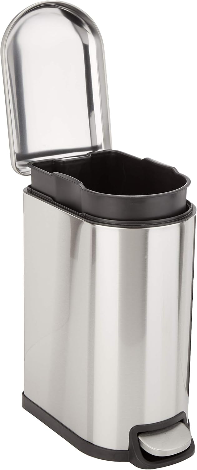 amazonbasics smudge resistant small rectangular trash can with soft close foot pedal for narrow spaces, 10 liter/2.6 gallon, brushed stainless steel