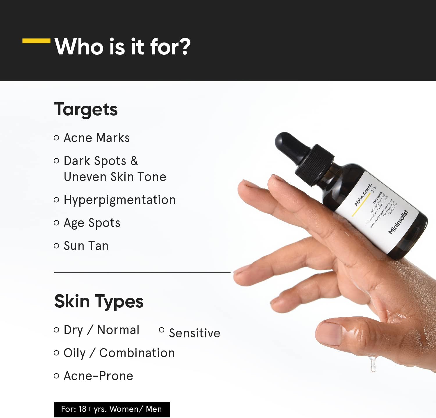 minimalist alpha arbutin 2% for dark spots & sun tanning | face serum with hyaluronic acid to help with blemishes, dark spots, pih & uneven skin tone | 30ml