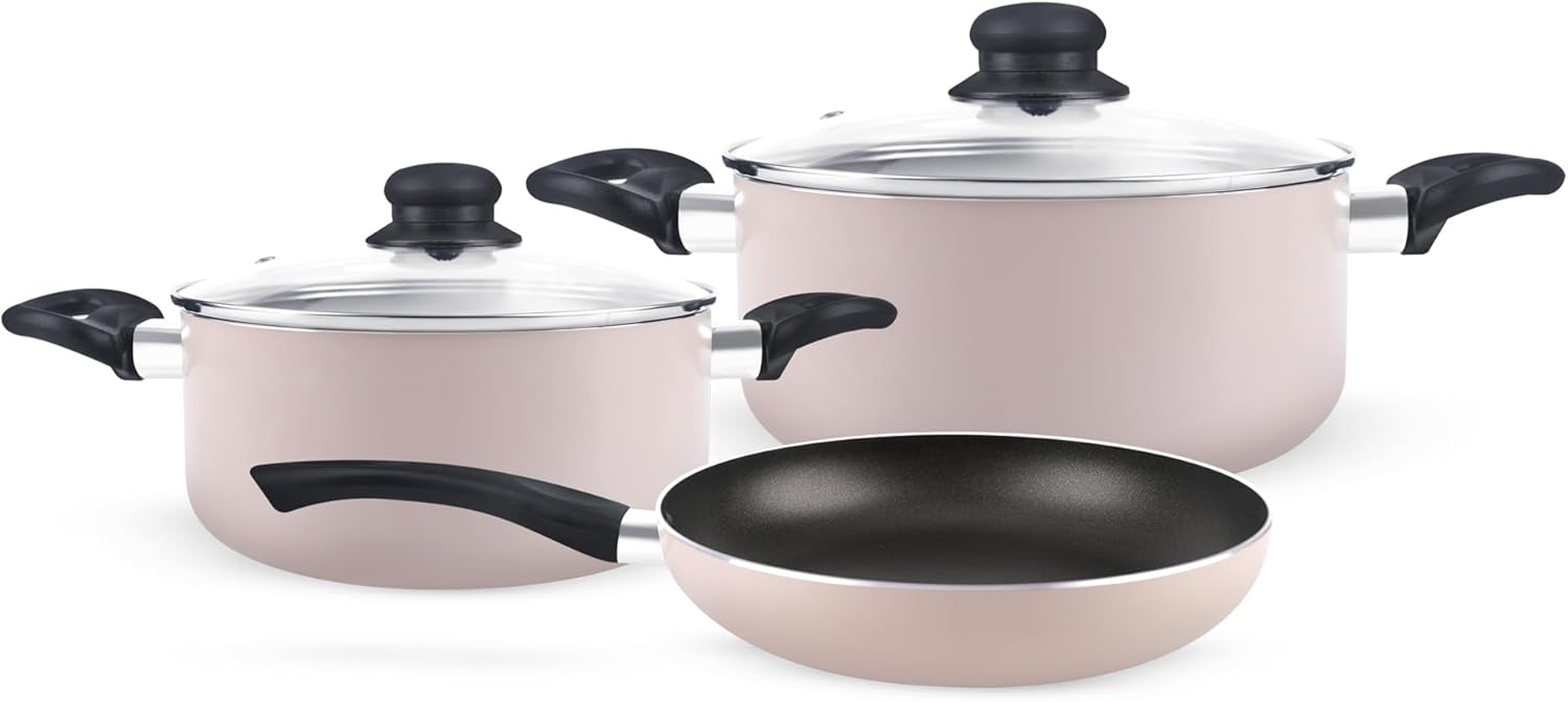 royalford 5 piece non stick cookware set rf11973 aluminum body with 3 layer coating cd base, bakelite handles and tempered glass lid