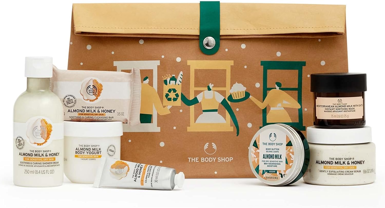 the body shop soothe and smooth almond milk & honey ultimate gift set, hydrating & moisturizing skincare, treats for dry & sensitive skin, 7 items