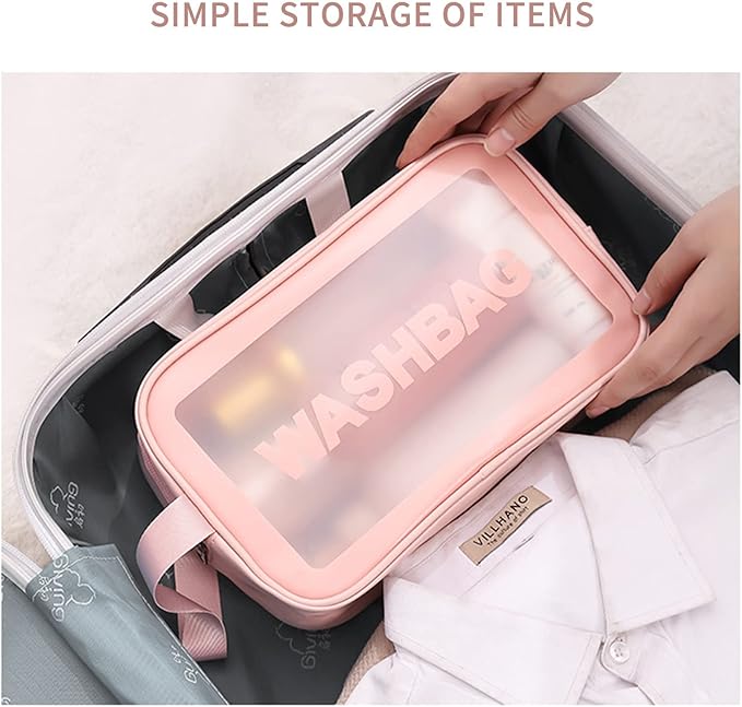 3pcs cosmetic bag vinyl air travel toiletry bags bulk, water resistant pvc packing cubes with zipper closure & carry handle for women baby men, make up brush case beach pool spa gym bag