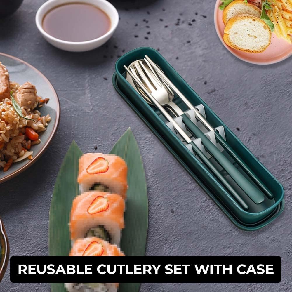 amerteer travel silverware set with case portable and reusable lunch utensils set for work, travel silverware, cutlery set for lunch box, bento box utensils set, spoon, fork, and chopsticks