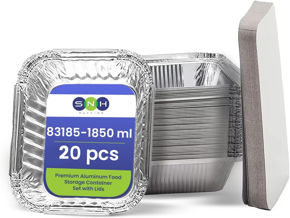 disposable aluminium rectangle containers 1850ml with lids heavy duty aluminum foil trays containers with board lids for cooking, roasting, baking pack of 20 pieces.